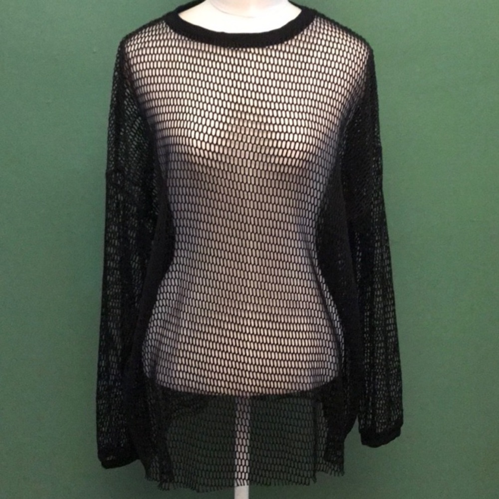 Zara Trafaluc Sheer Mesh Knit Shirt Black Long Sleeve Size Medium
